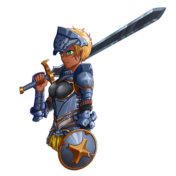 Soldier Yellow Hair Carries Sword Shield Spacewalker Fully Armored Concept — Zdjęcie stockowe