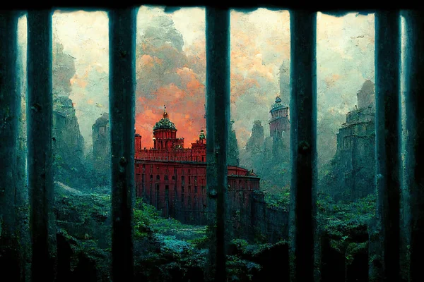Bastille Prison with Iron Gray Bars,  Medieval Castle and Mountains outside. Hard to Escape. Concept Art Scenery. Book Illustration. Video Game Scene. Serious Digital Painting. CG Artwork Background.