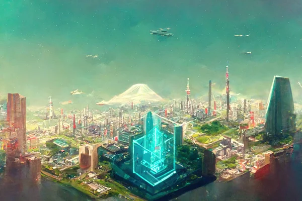Isometric City. Japanese City Tokyo Kyoto. Concept Art Scenery. Book Illustration. Video Game Scene. Serious Digital Painting. CG Artwork Background.