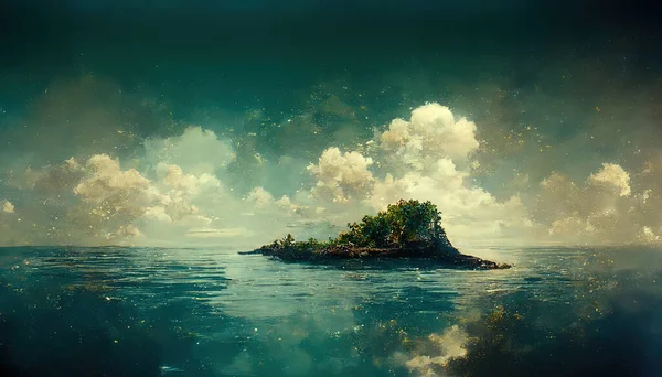 Island in the Sea. Sky, Cloud, Beach and Sea Water. Beautiful Sea Scene. Concept Art Scenery. Book Illustration. Video Game Scene. Serious Digital Painting. CG Artwork Background.
