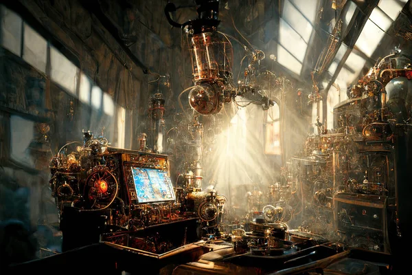 Steampunk Computer Factory. Fantasy Backdrop. Concept Art. Realistic Illustration. Video Game Background. Digital Painting. CG Artwork. Scenery Artwork. Serious Painting. Book Illustration