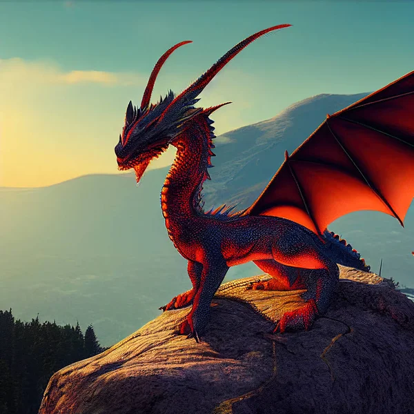 Red Dragon on the Mountain Top. Animal Character Design. Fantastic Style. Concept Art Scenery. Book Illustration. Video Game Scene. Serious Digital Painting. CG Artwork Background.