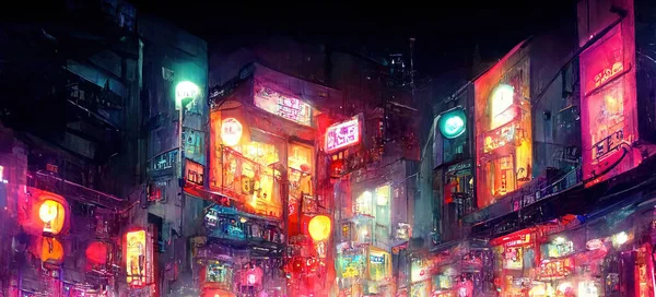 Neon Night Street in City. Empty Road with Old Building. Landscape  Starry Sky at Twilight. Concept Art Scenery. Book Illustration. Video Game Scene. Serious Digital Painting. CG Artwork Background.