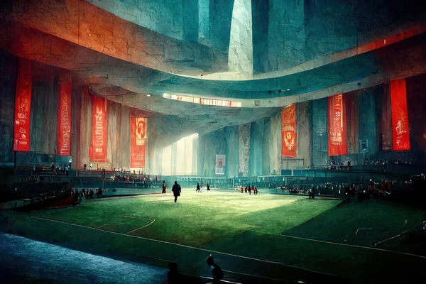 Interior of Big House Hall Room. Inside of Stadium. Grass Field. Fantastic Palace Scene. Concept Art Scenery. Book Illustration. Video Game Scene. Serious Digital Painting. CG Artwork Background.