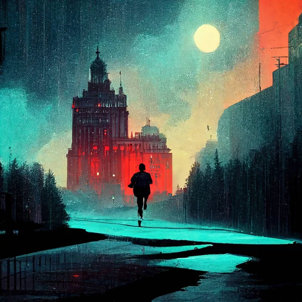 View of the Mystery Cathedral. People Running Outside of Building in the Rain in the Morning. Concept Art Scenery. Book Illustration. Video Game Scene. Serious Digital Painting. CG Artwork Background