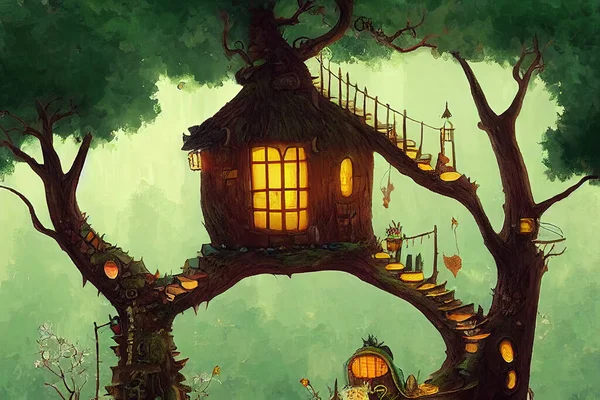 Birdhouse in the Country. Pretty Fairy Tale Tree House. Concept Art Scenery. Book Illustration. Video Game Scene. Serious Digital Painting. CG Artwork Background.