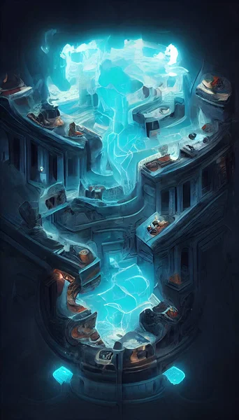 Map of City with Red Tiles. River in Cave. Card Deck. Game Art. Ui Kit with Magic Items. User Interface Elements with Frame. Concept Art Scenery. Book Illustration. Video Game Scene. Serious Digital.