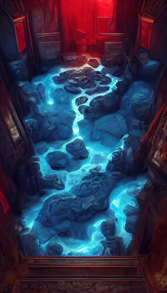 Map of City with Red Tiles. River in Cave. Card Deck. Game Art. Ui Kit with Magic Items. User Interface Elements with Frame. Concept Art Scenery. Book Illustration. Video Game Scene. Serious Digital.