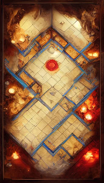 Map of City with Red Tiles. River in Cave. Card Deck. Game Art. Ui Kit with Magic Items. User Interface Elements with Frame. Concept Art Scenery. Book Illustration. Video Game Scene. Serious Digital.