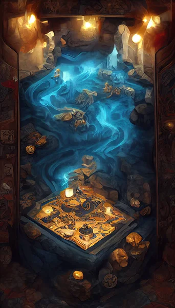 Map of City with Red Tiles. River in Cave. Card Deck. Game Art. Ui Kit with Magic Items. User Interface Elements with Frame. Concept Art Scenery. Book Illustration. Video Game Scene. Serious Digital.