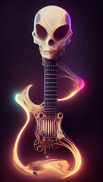 Metal Skull Fire Cool Fantastic Rock and Roll Electric Guitar. Popular Instrument. Concept Art Scenery. Book Illustration. Video Game Scene. Serious Digital Painting. CG Artwork Background.