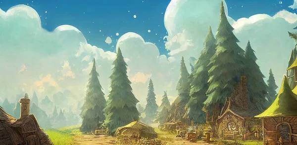 Town inside Forest with Blue Sky, Tall Tree, White Cloud. Fantasy Backdrop Concept Art. Realistic Illustration. Video Game Background Digital Painting. CG Artwork. Scenery Artwork Nature Illustration