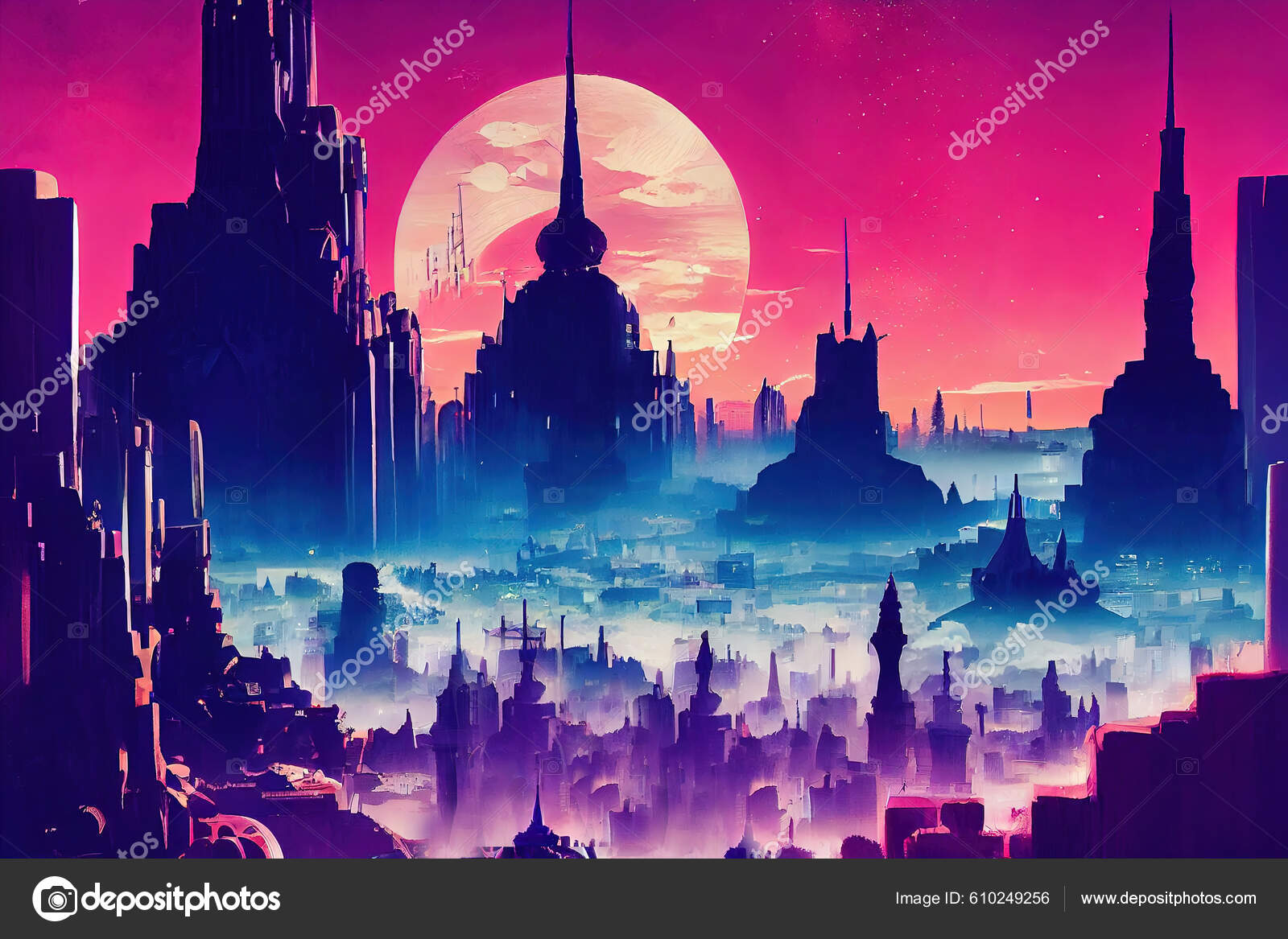 sunset from the city tower anime digital art illustration paint background  wallpaper ilustração do Stock