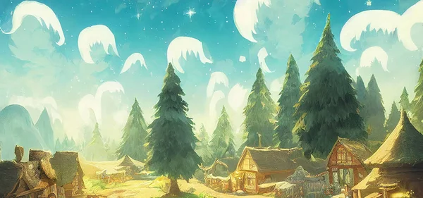 Fairy Tale Villages in the Forest. Farm Houses Trees. Fantasy Backdrop Concept Art Realistic Illustration. Video Game Background Digital Painting CG Artwork Scenery Artwork Serious Book Illustration