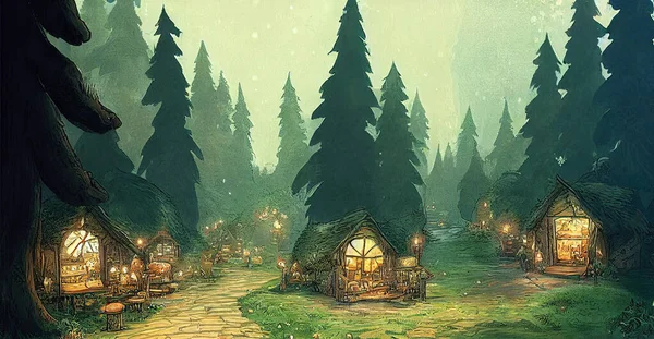 Fairy Tale Villages in the Forest. Farm Houses Trees. Fantasy Backdrop Concept Art Realistic Illustration. Video Game Background Digital Painting CG Artwork Scenery Artwork Serious Book Illustration