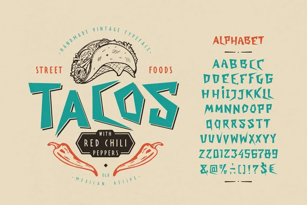 Grafisk vintage display Font Tacos. Vintage design — Stock vektor