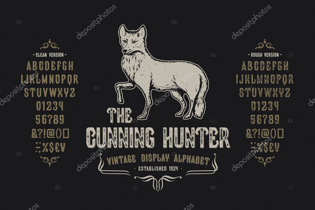 Font The Cunning Hunter. Craft retro vintage typeface design. Graphic display alphabet. Fantasy type letters. Latin characters, numbers. Vector illustration. Old badge, label, logo template.