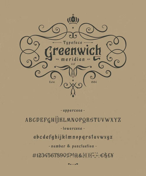 Font Greenwich. Design vintage. Etiqueta velha, logotipo — Vetor de Stock