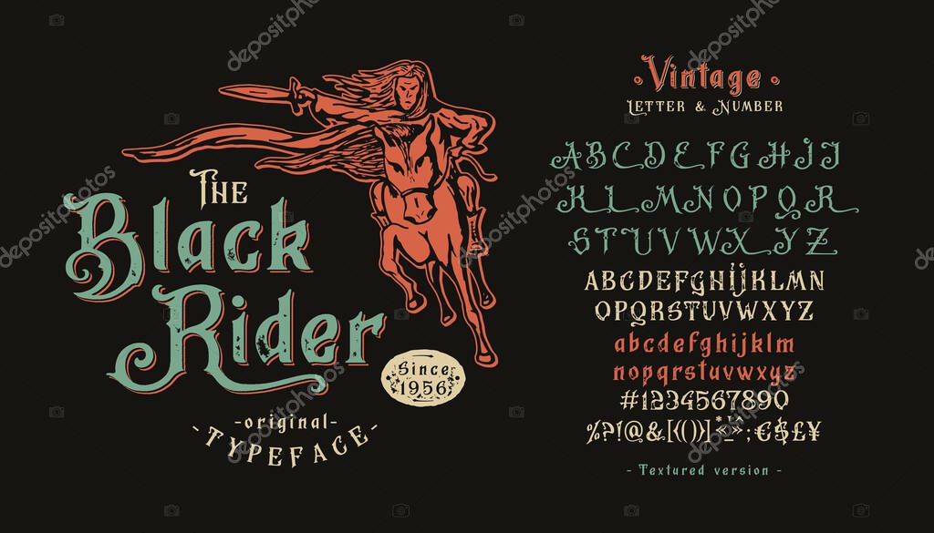 Font Black Rider. Craft retro vintage typeface design. Graphic display alphabet. Fantasy type letters. Latin characters, numbers. Vector illustration. Old badge, label, logo, print template.