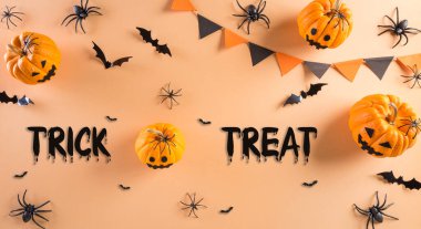 Cadılar Bayramı el sanatları, turuncu balkabağı, hayalet, yarasa ve turuncu arka planda siyah örümcek..