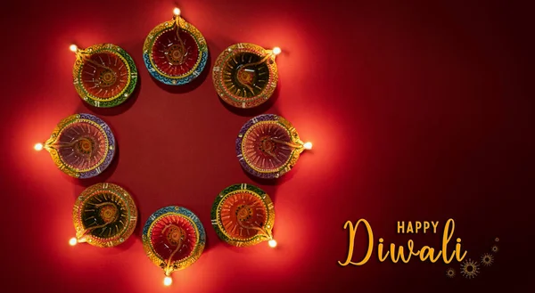 Happy Diwali Clay Diya Lâmpadas Acesas Durante Dipavali Festival Hindu — Fotografia de Stock