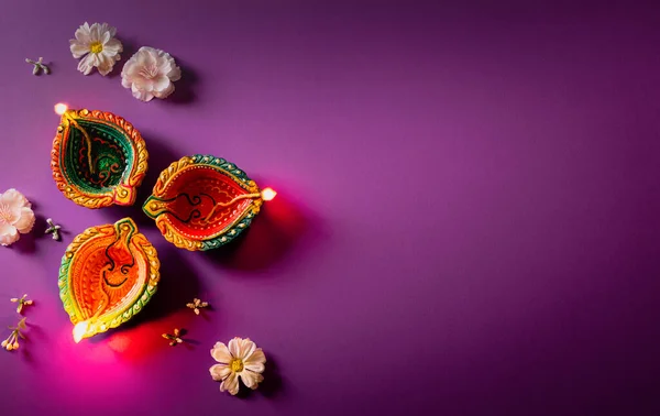 Happy Diwali Clay Diya Lámpák Világított Alatt Dipavali Hindu Fesztivál — Stock Fotó