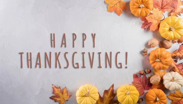 Thanksgiving Decoration Concept Pumpkin Autumn Leaves Apple Text Stone Background — Stock Photo, Image