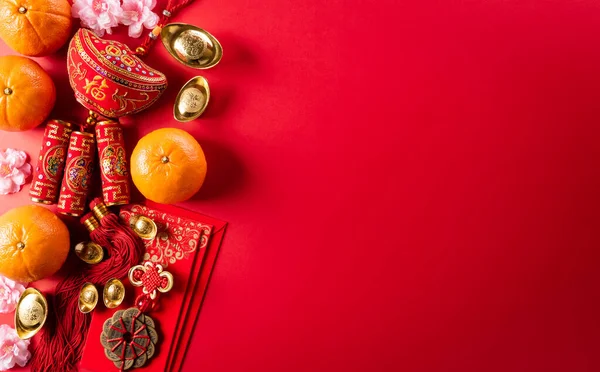 Kínai Újévi Dekorációk Készült Piros Csomag Narancs Arany Ingot Vagy — Stock Fotó