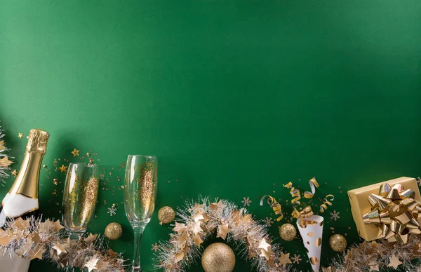 Bonne Année Célébration Concept Fond Champagne Avec Verre Ruban Doré — Photo