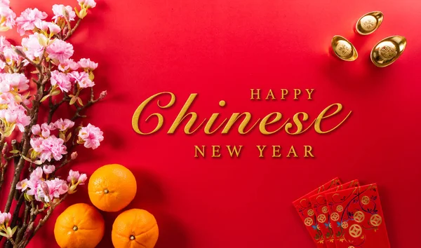 Chinese New Year Decorations Made Red Packet Orange Gold Ingots — Stock Photo, Image