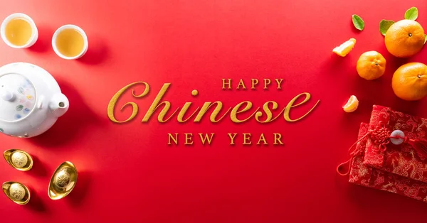 Decoraciones Chinas Año Nuevo Hechas Paquetes Rojos Lingotes Naranja Oro —  Fotos de Stock