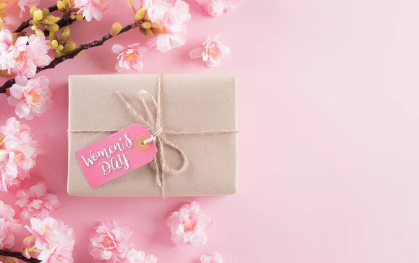 Happy Women Day Concept Made Pink Plum Blossom Gift Box — Stock Photo, Image