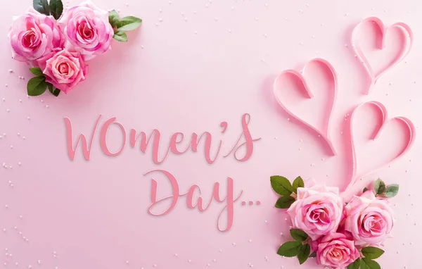 Happy Women Day Dekorationskonzept Aus Rosenblume Und Rosa Herzen Mit — Stockfoto