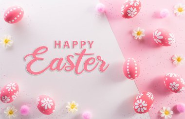 Paskalya dekorasyonun kutlu olsun. Çiçekli renkli Paskalya yumurtaları ve pembe ve beyaz arka plan metni..
