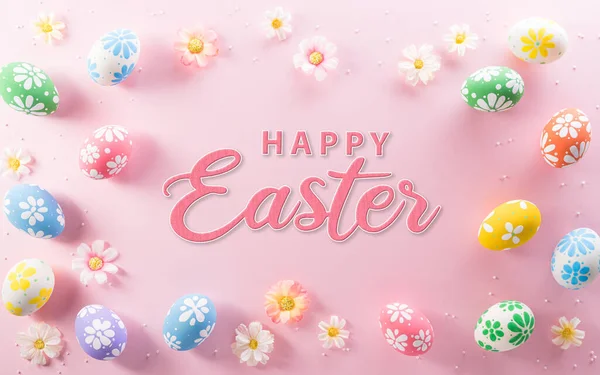 Wesołych Świąt Wielkanocnych Kolorowe Pisanki Kwiatami Tekst Różowym Pastelowym Tle — Zdjęcie stockowe