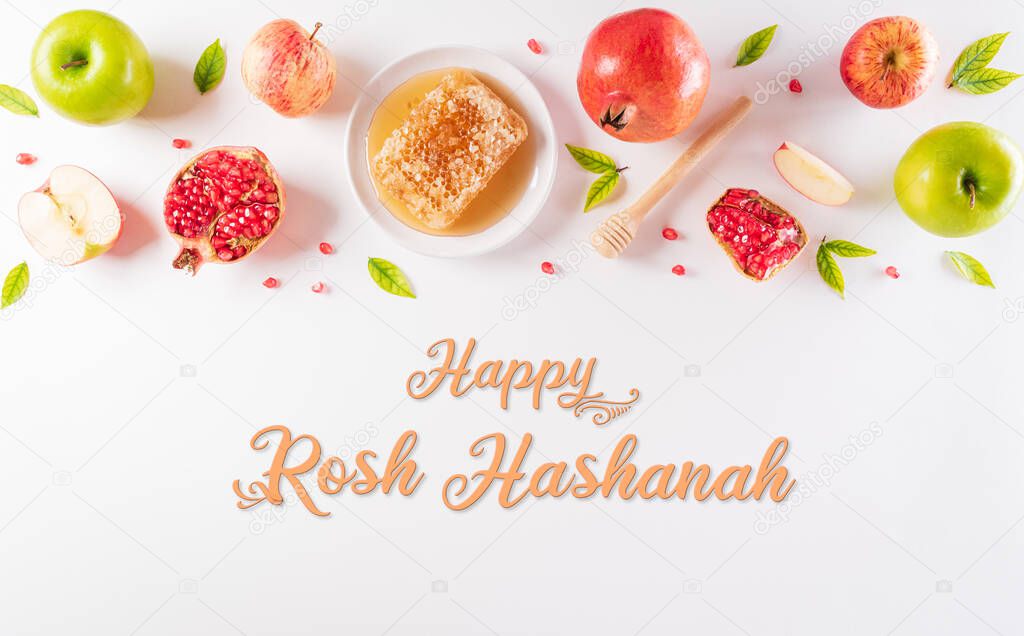 Rosh hashanah (Jewish New Year holiday), Concept of traditional or religion symbols with the text on white background.