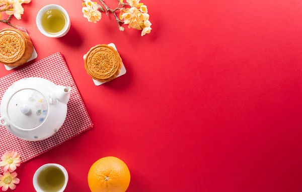 Chinese Mid Autumn Festival Concept Made Mooncakes Tea Plum Blossom — Photo