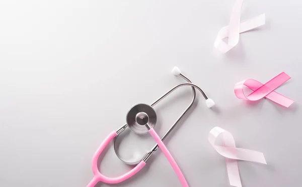 Pink Ribbon Stethoscope Paper Background Supporting Breast Cancer Awareness Month — Foto Stock