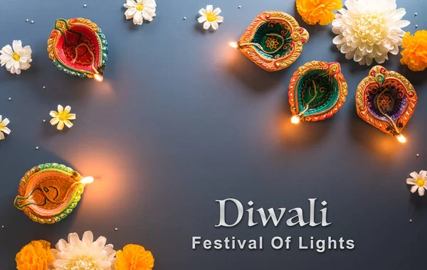 Happy Diwali Clay Diya Lamps Lit Diwali Hindu Festival Lights — Foto de Stock