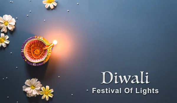 Happy Diwali Clay Diya Lamps Lit Diwali Hindu Festival Lights — Fotografia de Stock