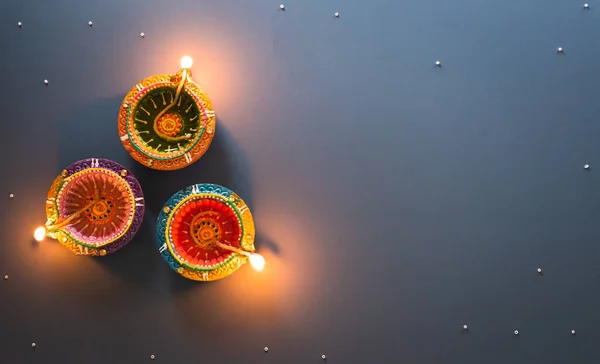 Happy Diwali Clay Diya Lamps Lit Diwali Hindu Festival Lights — стокове фото