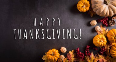 Şükran Günü ve Sonbahar kompozisyonu. Balkabağı, pamuk çiçekleri ve arka planda sonbahar yaprakları. Düz konum, kopyalama alanı olan üst görünüm.