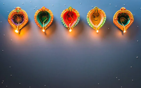 Happy Diwali Clay Diya Lámpák Világított Alatt Diwali Hindu Fesztivál — Stock Fotó