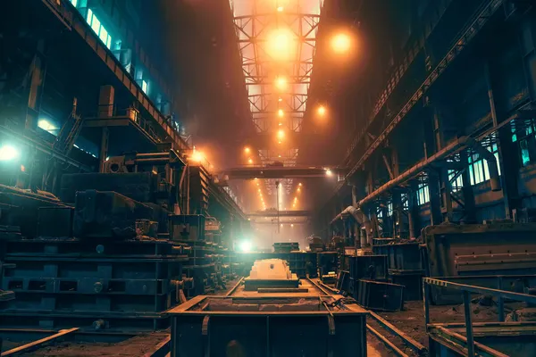 Oficina enorme ou hangar em planta metalúrgica como corredor longo, fabricação de fundição, indústria pesada — Fotografia de Stock