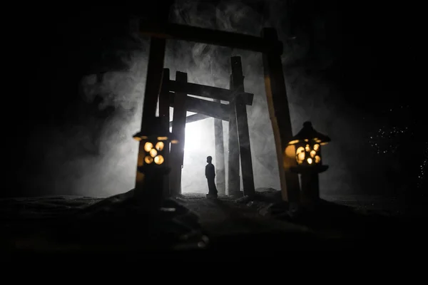 Творче Оформлення Творів Мистецтва Абстрактний Японський Дерев Яний Тунель Вночі — стокове фото