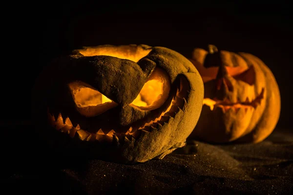 Sorriso Abóbora Halloween Olhos Assustadores Para Noite Festa Vista Perto — Fotografia de Stock