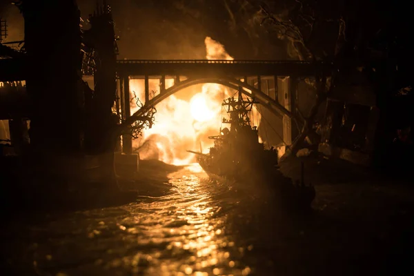 Concetto Guerra Scena Battaglia Notturna Mare Drammatico Effetto Nuvole Toniche — Foto Stock