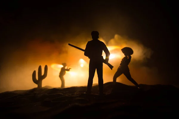 Westliches Konzept Kampf Zwischen Cowboys Der Nacht Duell Bis Zum — Stockfoto