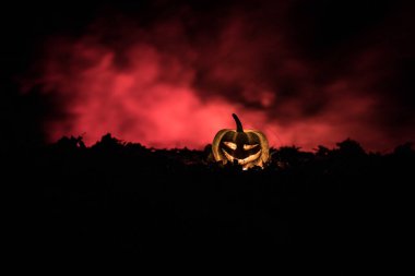 sonbahar yaprakları üzerinde halloween jack-o-fener. Korkunç Halloween Pumpkin duman dan bakıyor. Cehennemin derinliklerinden parlayan, sigara içen canavar balkabağı