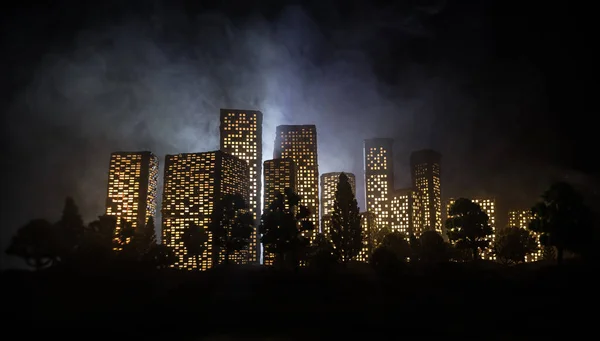 Cartoon Stijl Stadsgebouwen Realistische Stad Gebouw Miniaturen Met Verlichting Achtergrond — Stockfoto